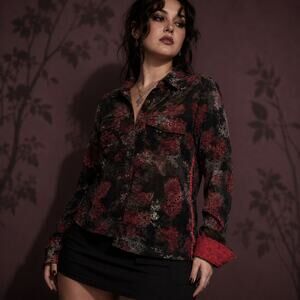 Georg Roth Dark Floral Burnout Velvet Flip Cuff Button-Down Blouse XL